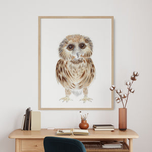 a picture of an owl on a wall above a desk