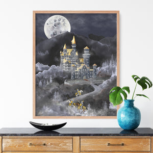 a painting of a castle in the sky with a full moon
