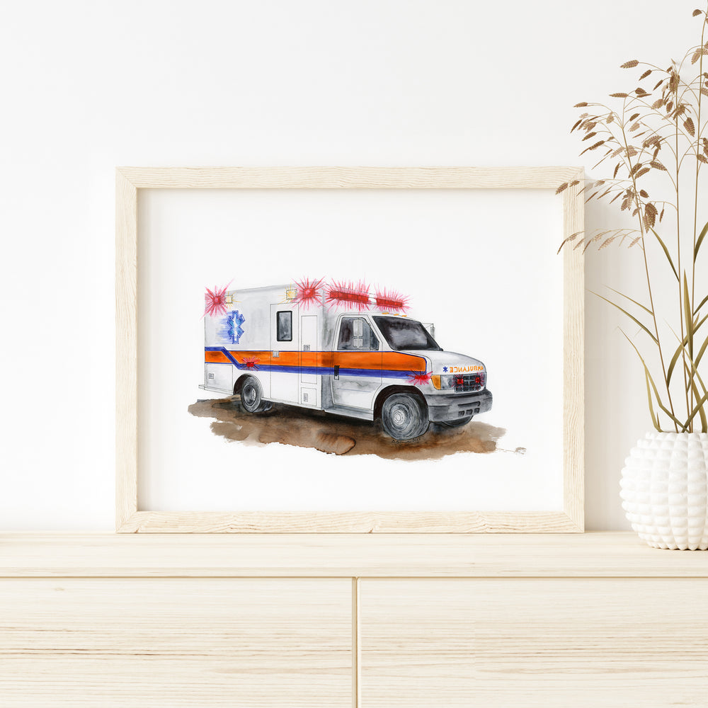 a painting of an ambulance with red, white and blue lights