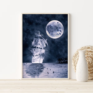 a picture of a ship in the ocean with a full moon in the background