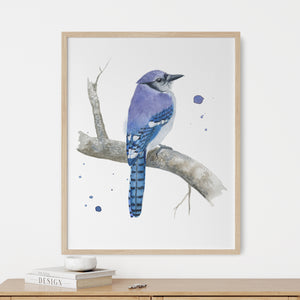 a painting of a blue bird sitting on a branch