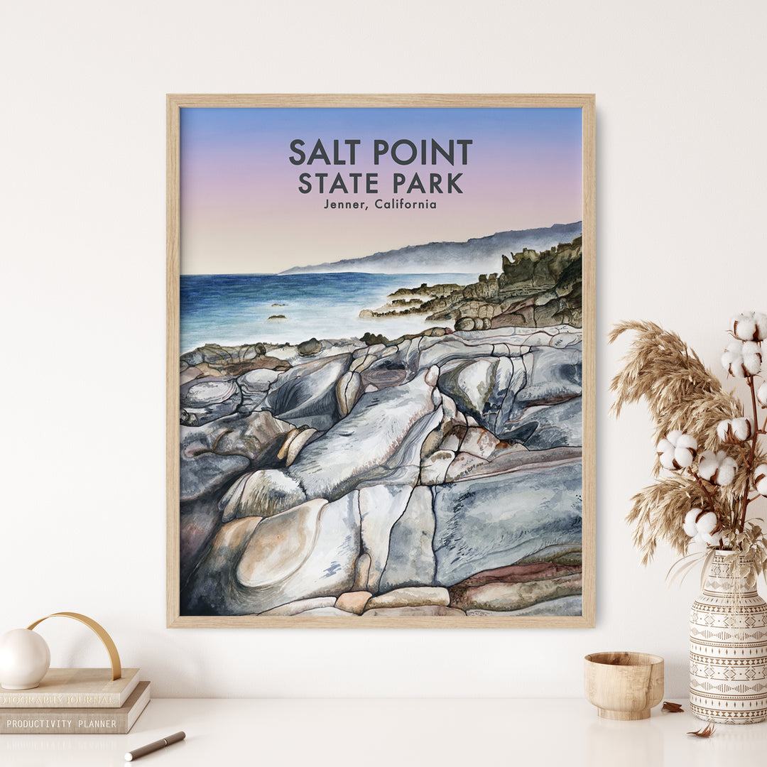 a painting of a rocky beach with the words salt point state park on it