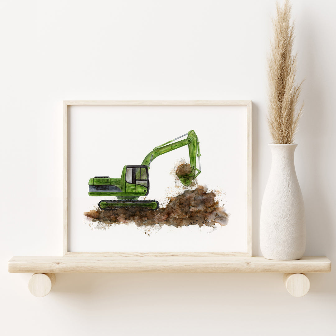 a picture of a green excavator on a shelf next to a vase