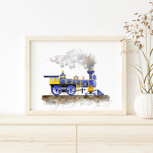 a painting of a train with smoke coming out of it