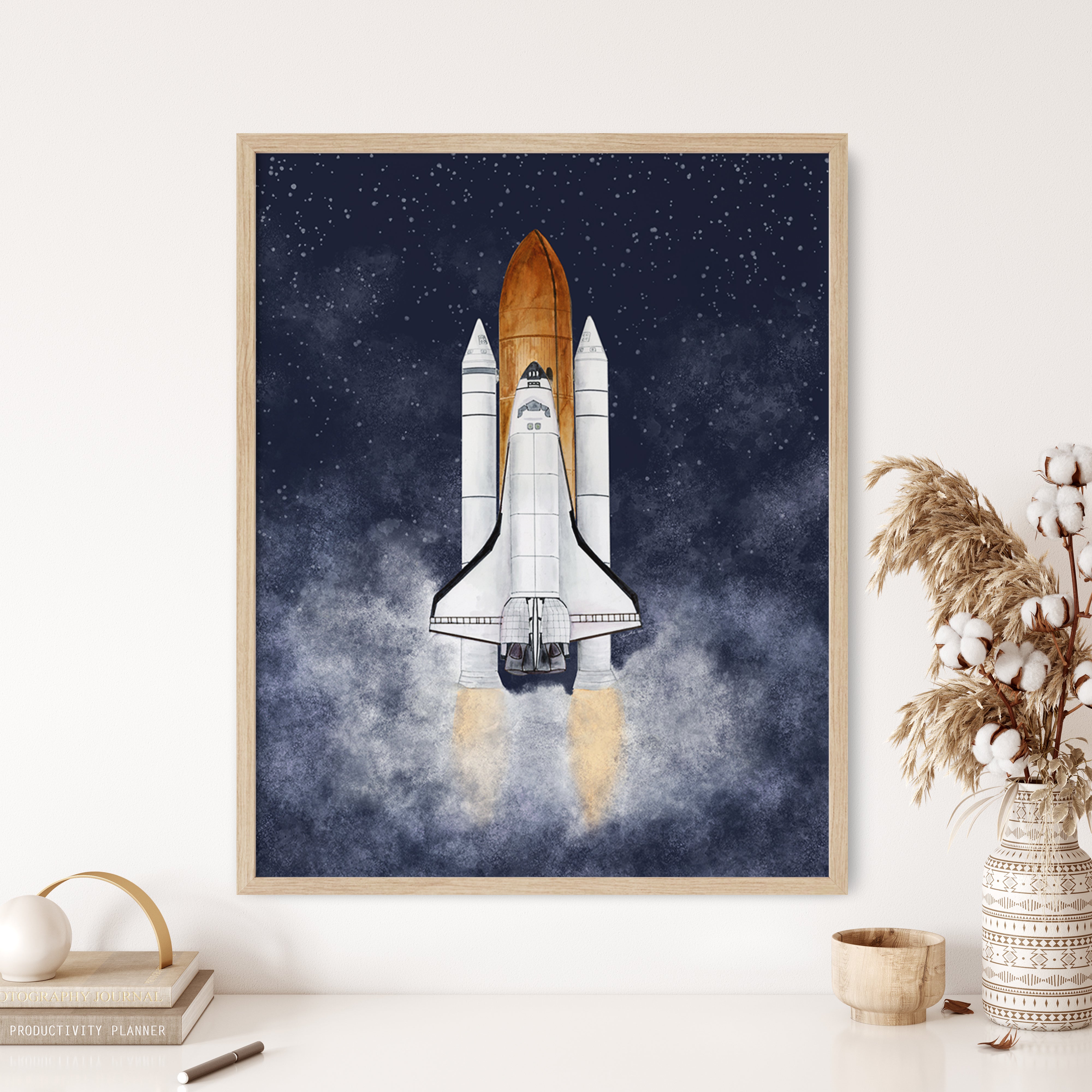 Space Shuttle with Starry Night Sky | Rocket Art Print – Tiny Toes