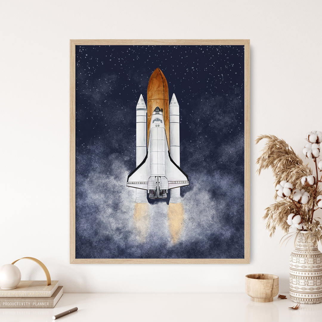 a painting of a space shuttle flying through the sky