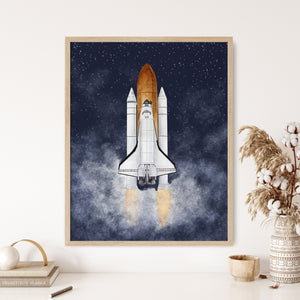 a painting of a space shuttle flying through the sky