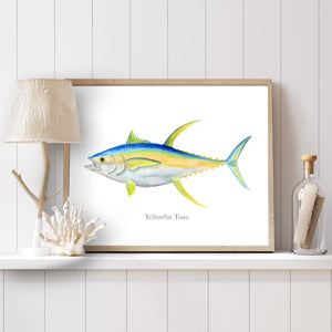 a picture of a yellowfin tuna on a shelf next to a lamp