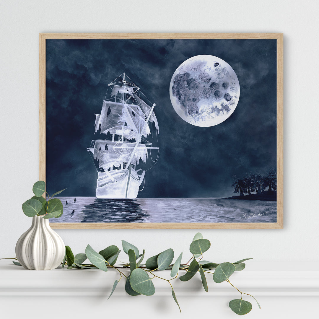 a picture of a ship in the ocean with a full moon in the background