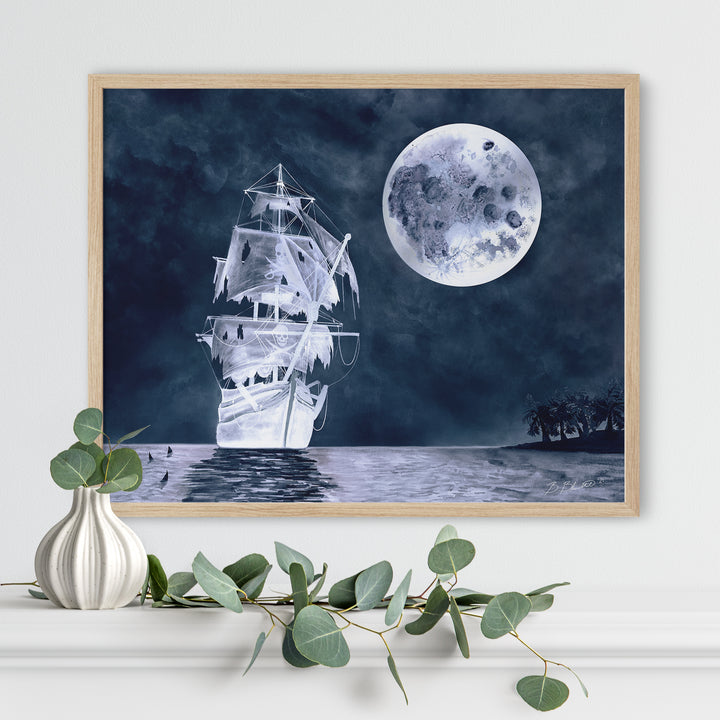 a picture of a ship in the ocean with a full moon in the background