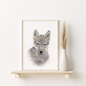 a painting of a wolf on a shelf next to a vase