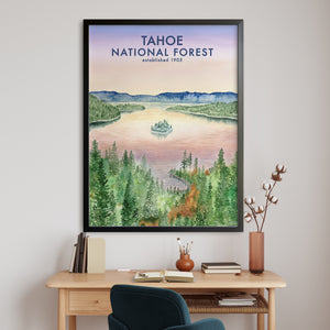 a poster of a lake with a boat on it