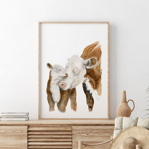 a picture of mother cow and her calf