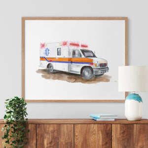 a painting of an ambulance on a wall