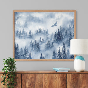 a painting of a bird flying over a forest