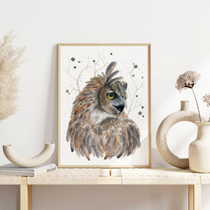 a painting of an owl with yellow eyes