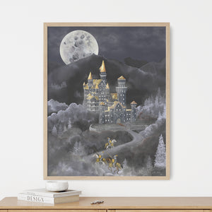 a painting of a castle with a full moon in the background
