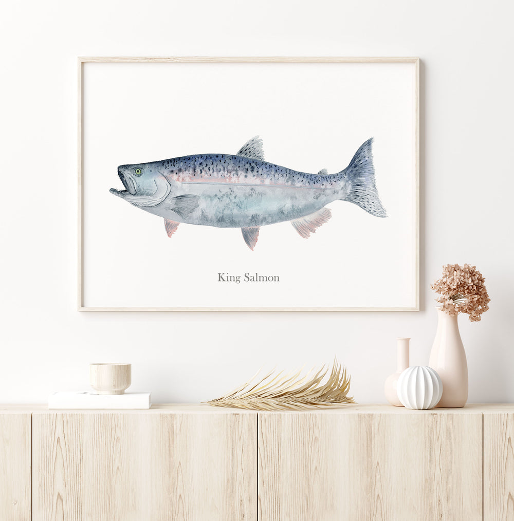 a picture of a King Salmon hanging on a wall