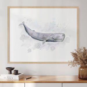 a picture of a sperm whale is hanging on a wall
