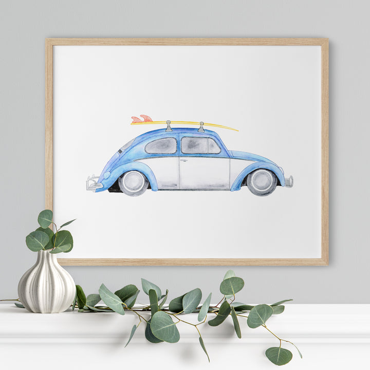 Blue and White Bug with a surfboard on top of it