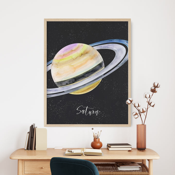 a painting of saturn on a wall above a desk