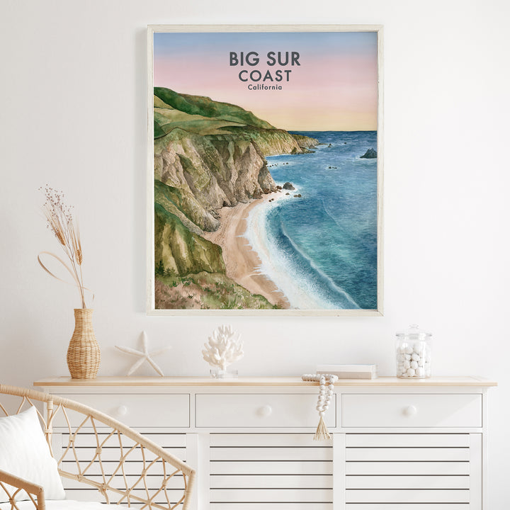 a picture of a beach with the words big sur coast on it