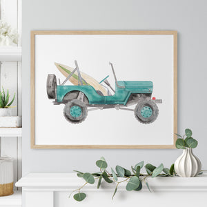Green Jeep with Surfboards Print