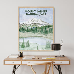 a poster of a mountain national park hangs above a desk