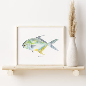 a painting of a permit fish on a shelf next to a vase