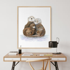 a painting of two otters sitting on top of each other