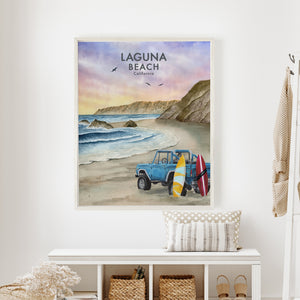 a painting of a car on a beach with surfboards