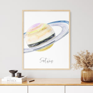 a picture of saturn on a wall above a table