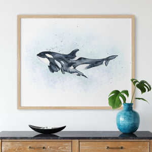 a painting of a mom and baby orca