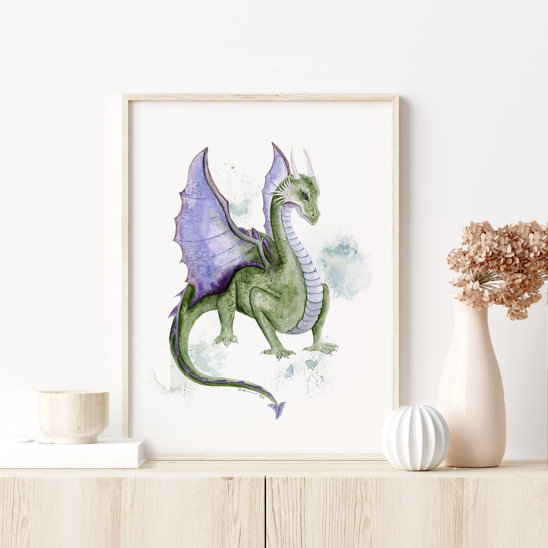 a watercolor painting of a green and purple dragon