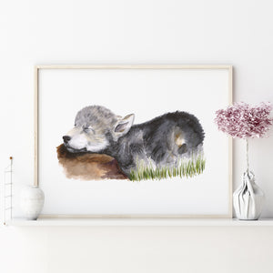 a painting of a wolf and cub laying on the grass