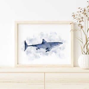 a watercolor painting of a great white shark on a white wall
