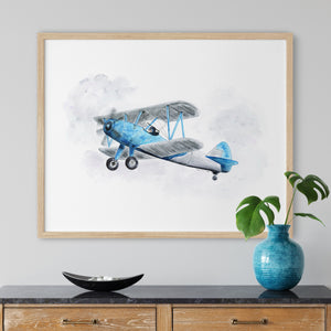 a painting of a blue and white biplane