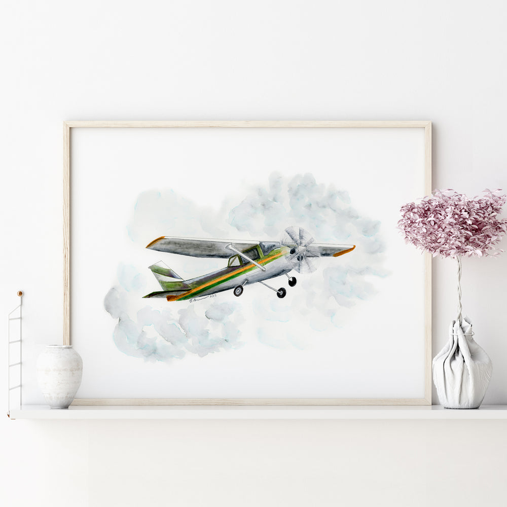 a painting of an airplane flying in the sky