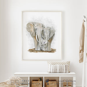 a painting of two elephants in a white room
