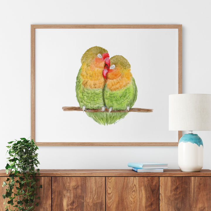 a couple of birds sitting on top of a wooden shelf