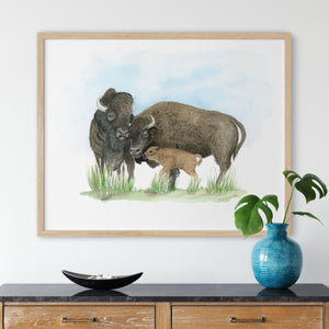 a painting of a bison and her baby