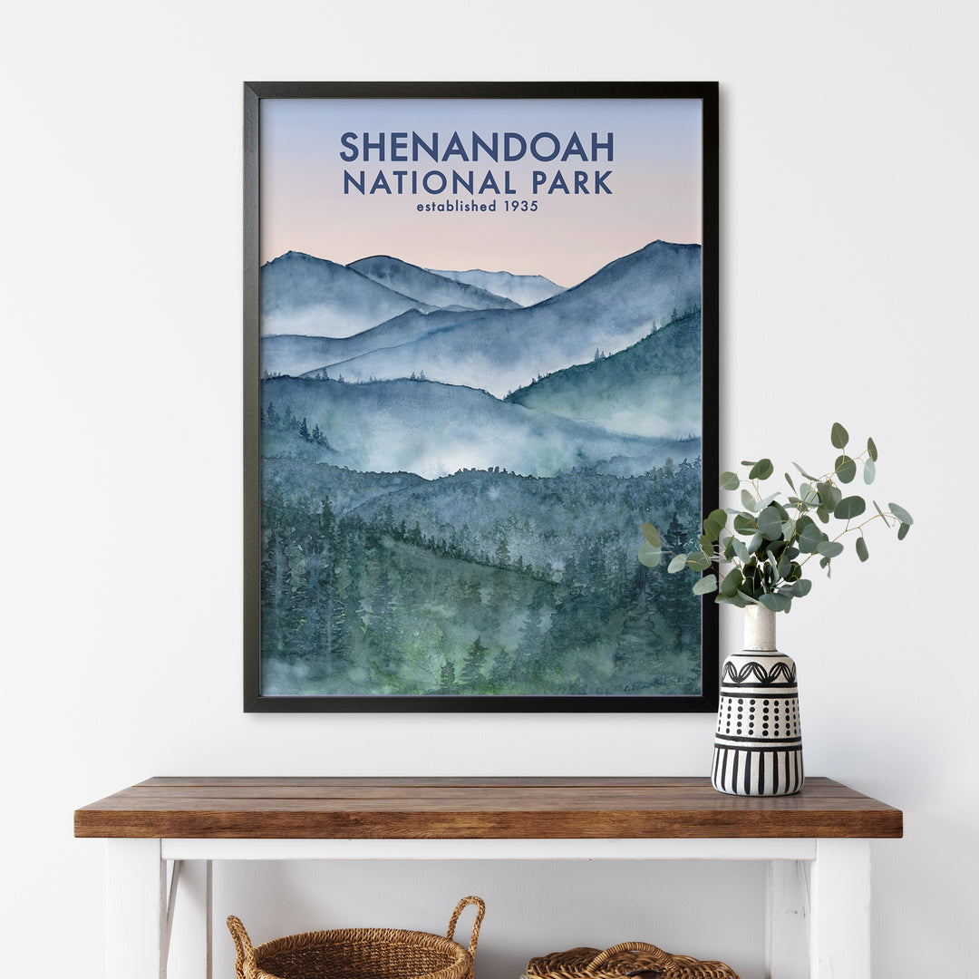 a picture of a mountain range with the words shenandoah national park on