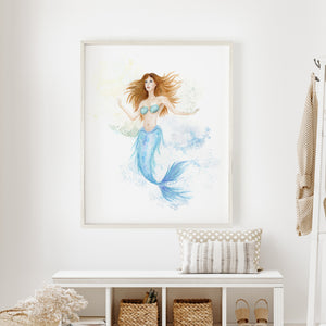 a painting of a mermaid in a white room