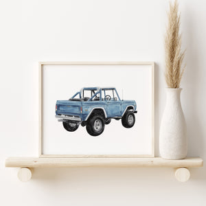 a picture of a blue truck on a shelf