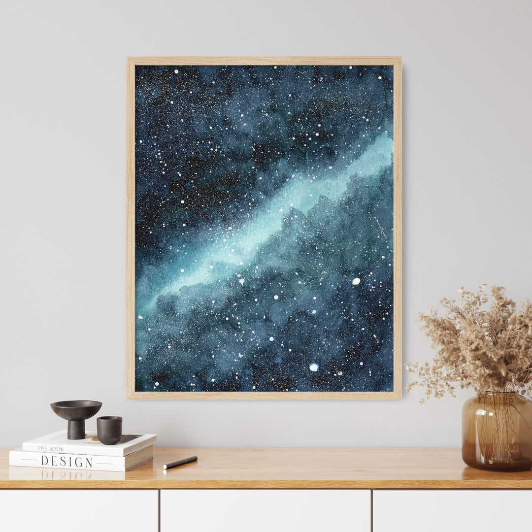 a picture of a star filled sky in a wooden frame