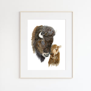 Mom and Baby Bison Watercolor Portrait