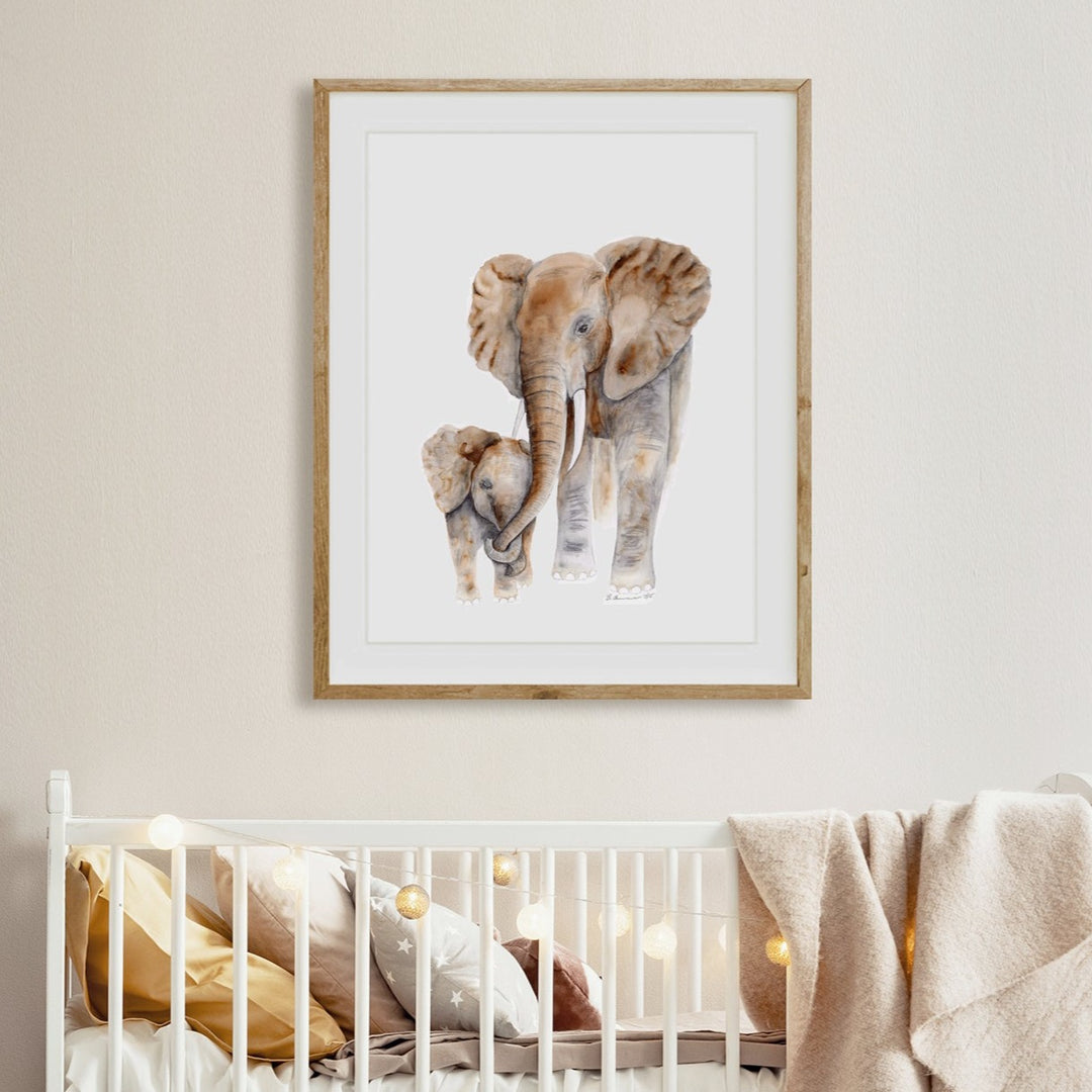 neutral nursery wall art elephant mother and baby watercolor detail