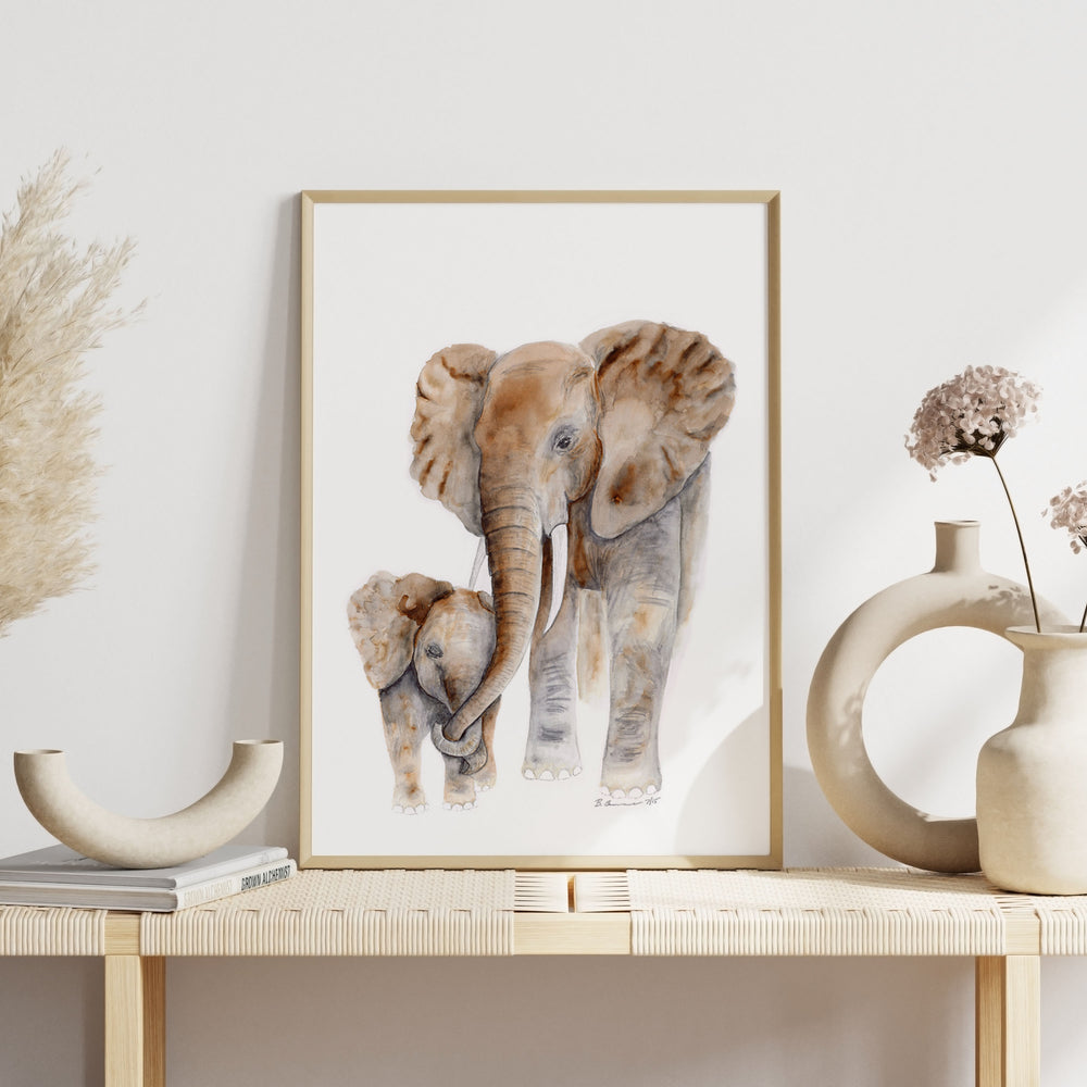 elephant parent and baby artwork neutral room decor 