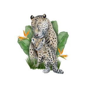 Mom and Baby Jaguar Watercolor with Banana Leaves