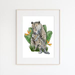 Mom and Baby Jaguar Watercolor with Foliage
